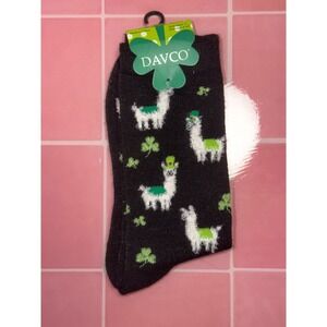 Davco Womens St Patricks Day Llama Shamrock Crew Socks Black Green New